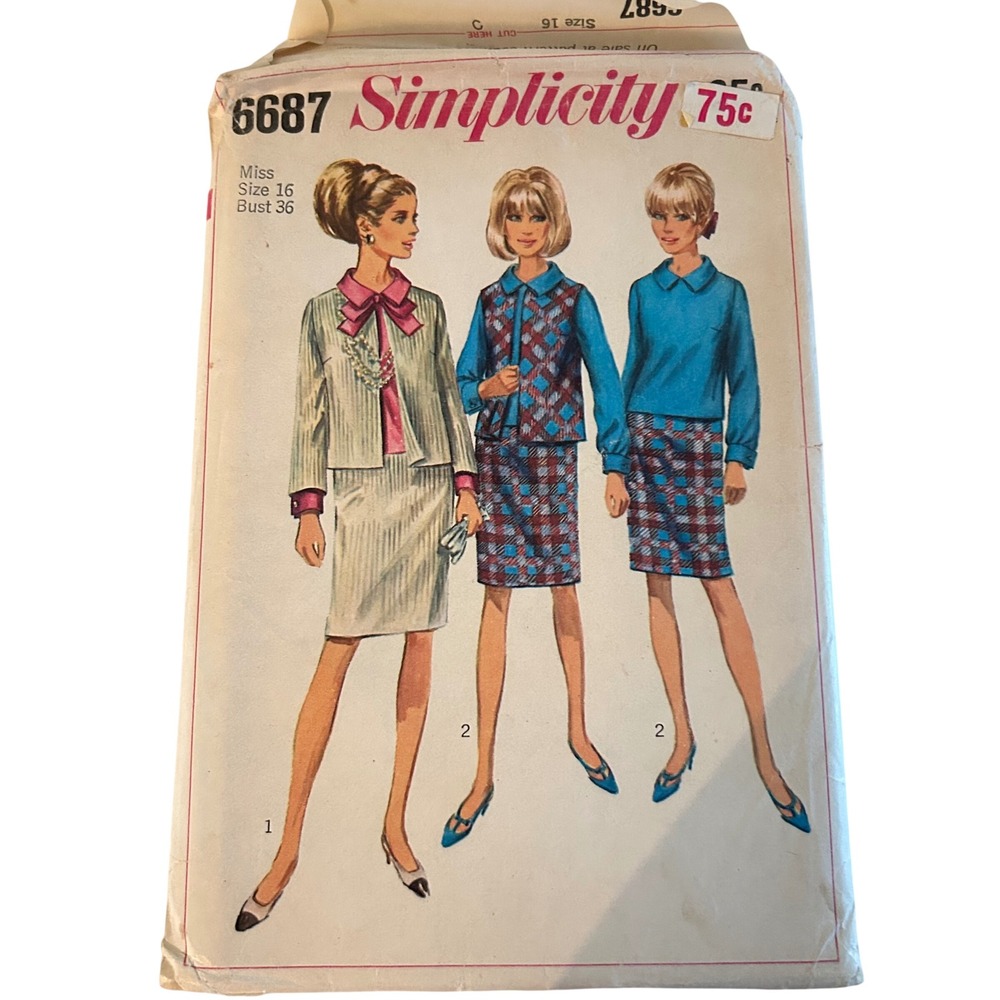 Simplicity Sewing Pattern 6687 Misses Sz 16 Multi-Color 1960s Suit Skirt Jacket